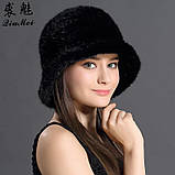 Жіноча норкова шапка, капелюх із в'язаної норки чорний, фото 2