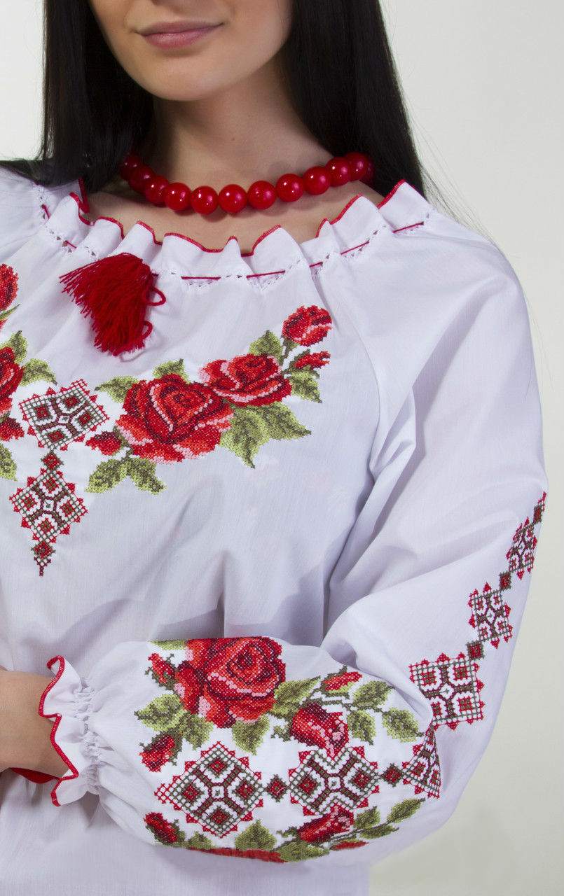 Женская вышиванка на длинный рукав с розами и орнаментом - фото 5 - id-p120683084