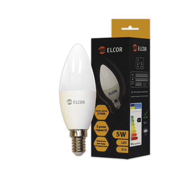 Лампа LED ELCOR С37 5Вт Е14 свічка 2700K