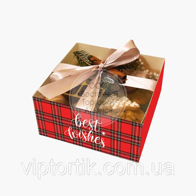 Упаковка для 4 кексів і мафінів — Новорічна червона — 160х160х80 мм, фото 1