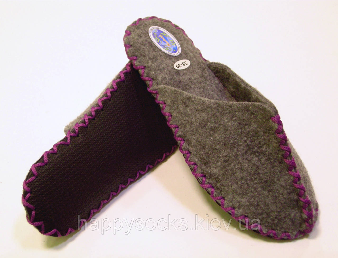 Хатні повстяні капці жіночі для дому з фіолетовим шнурком