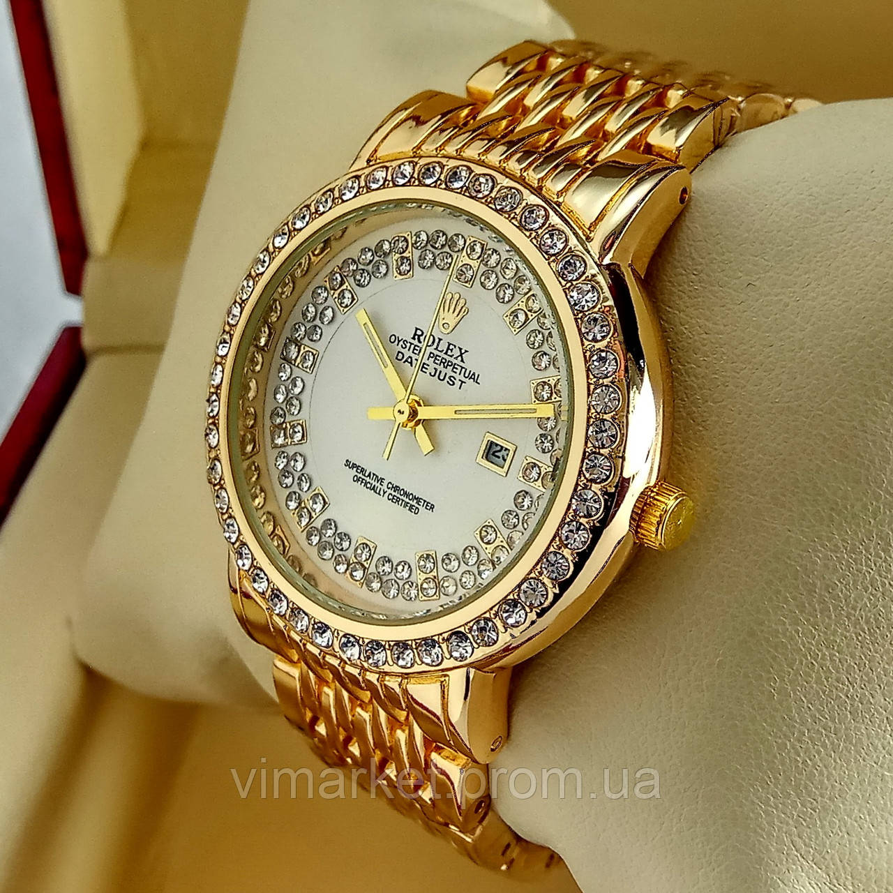 Жіночий кварцевий наручний годинник Rolex A172 золотого кольору з білим циферблатом з датою на метал браслеті