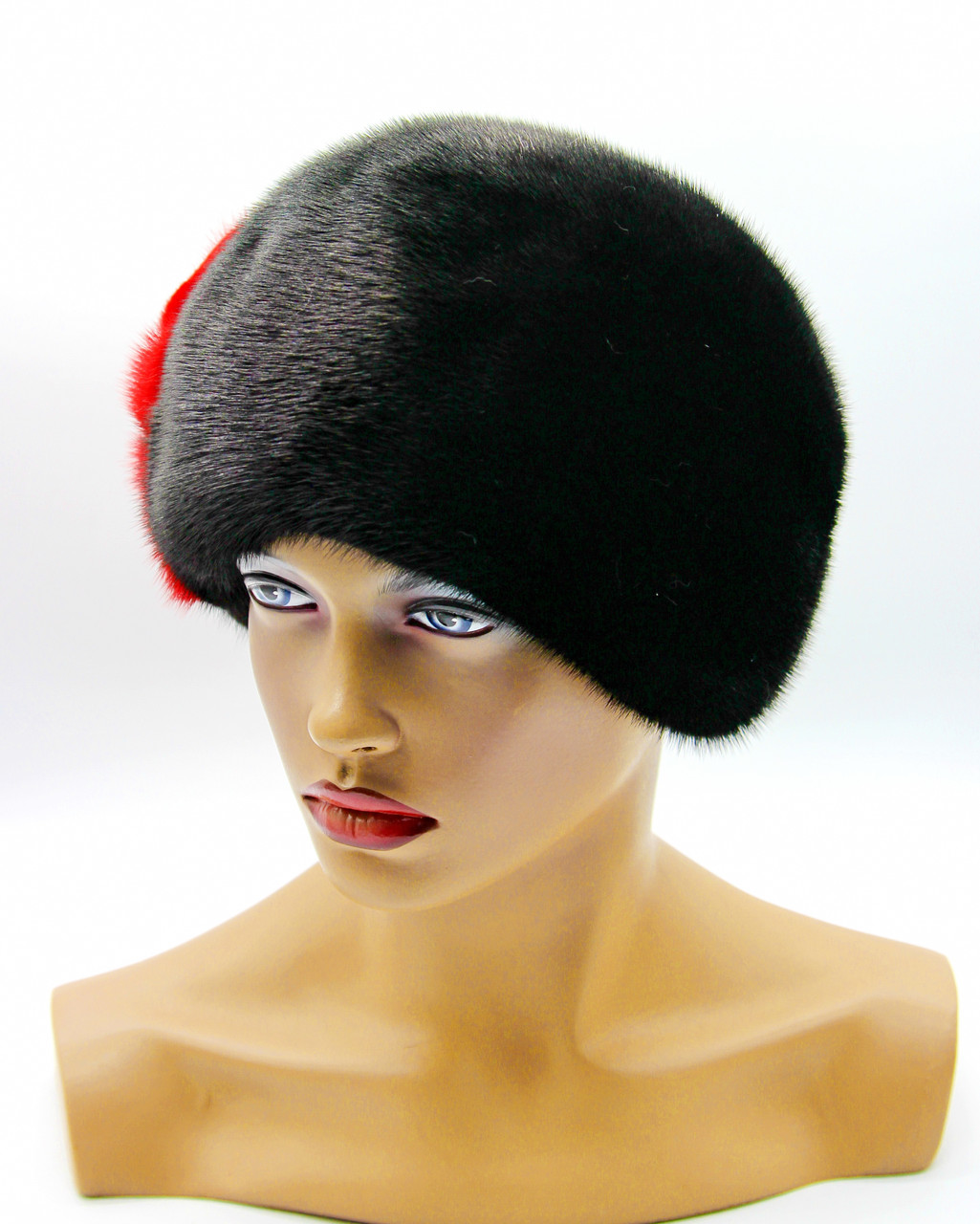 Женская меховая шапка из норки "Шарик с аппликацией" черно - красная. - фото 4 - id-p1058299709