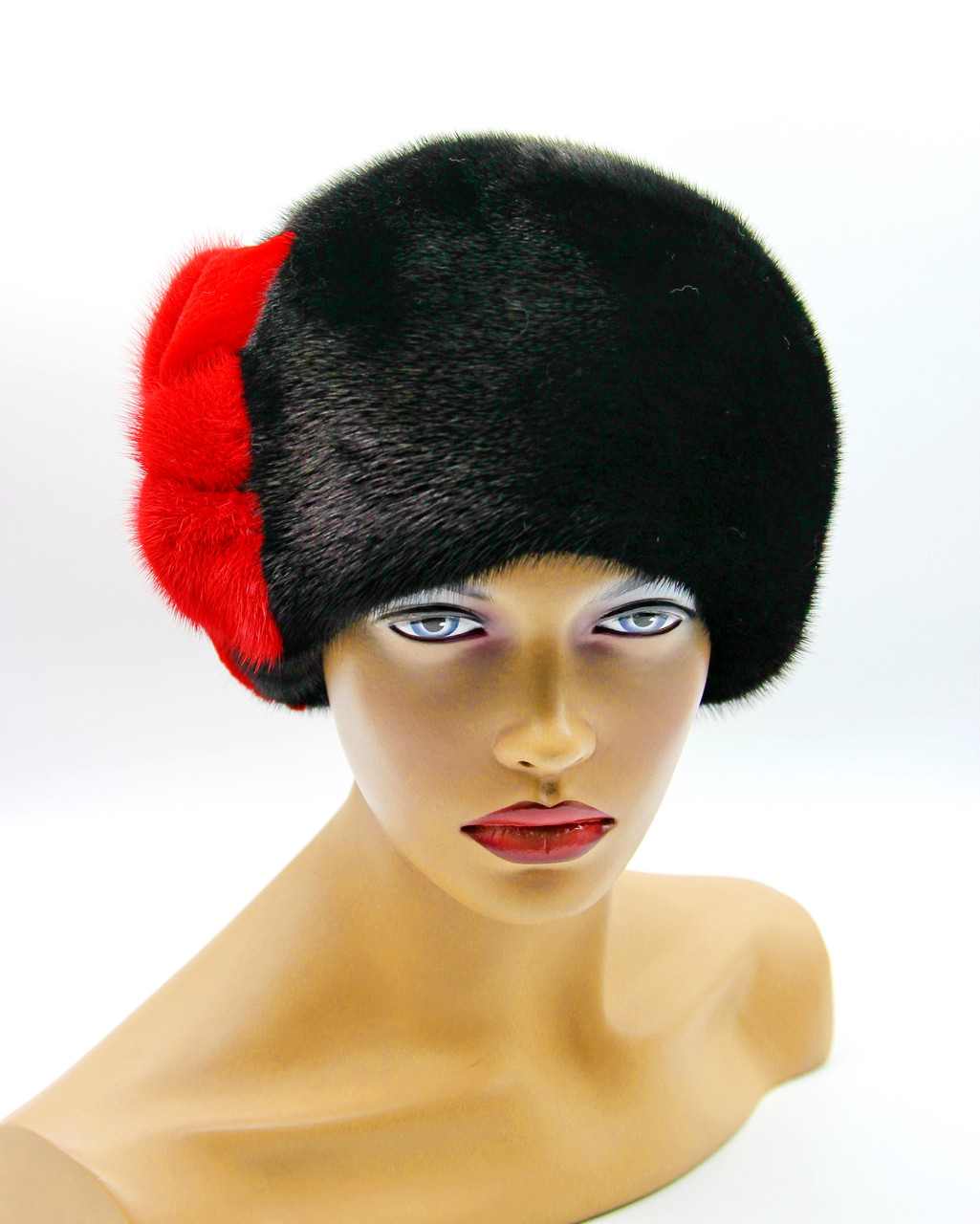 Женская меховая шапка из норки "Шарик с аппликацией" черно - красная. - фото 6 - id-p1058299709