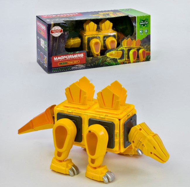 Магнітний конструктор Динозавр жовтий на 20 деталей, світло та звук, фото 1