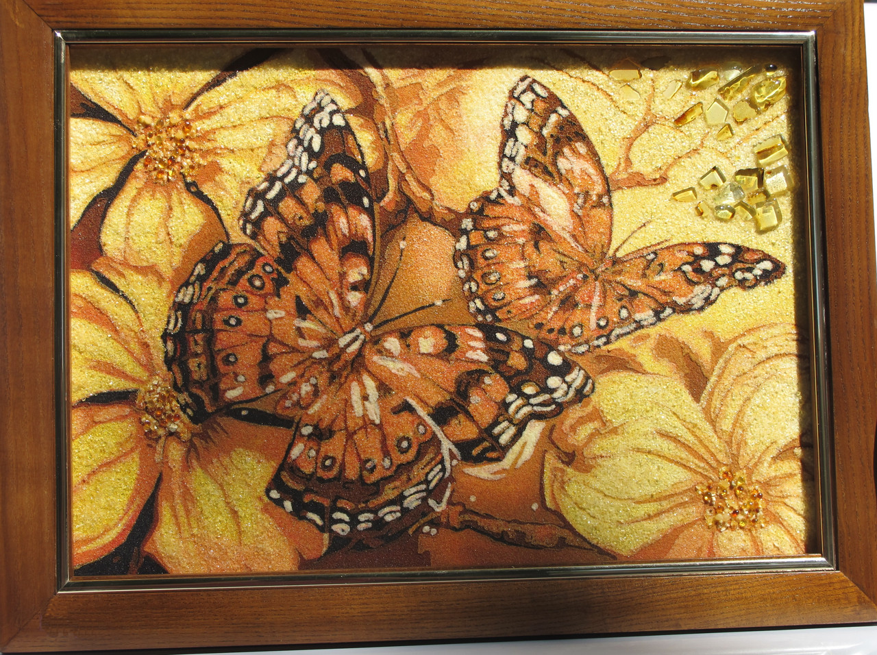 Картина з бурштину Пара метеликів на квітках, 30х40 см, фото 1