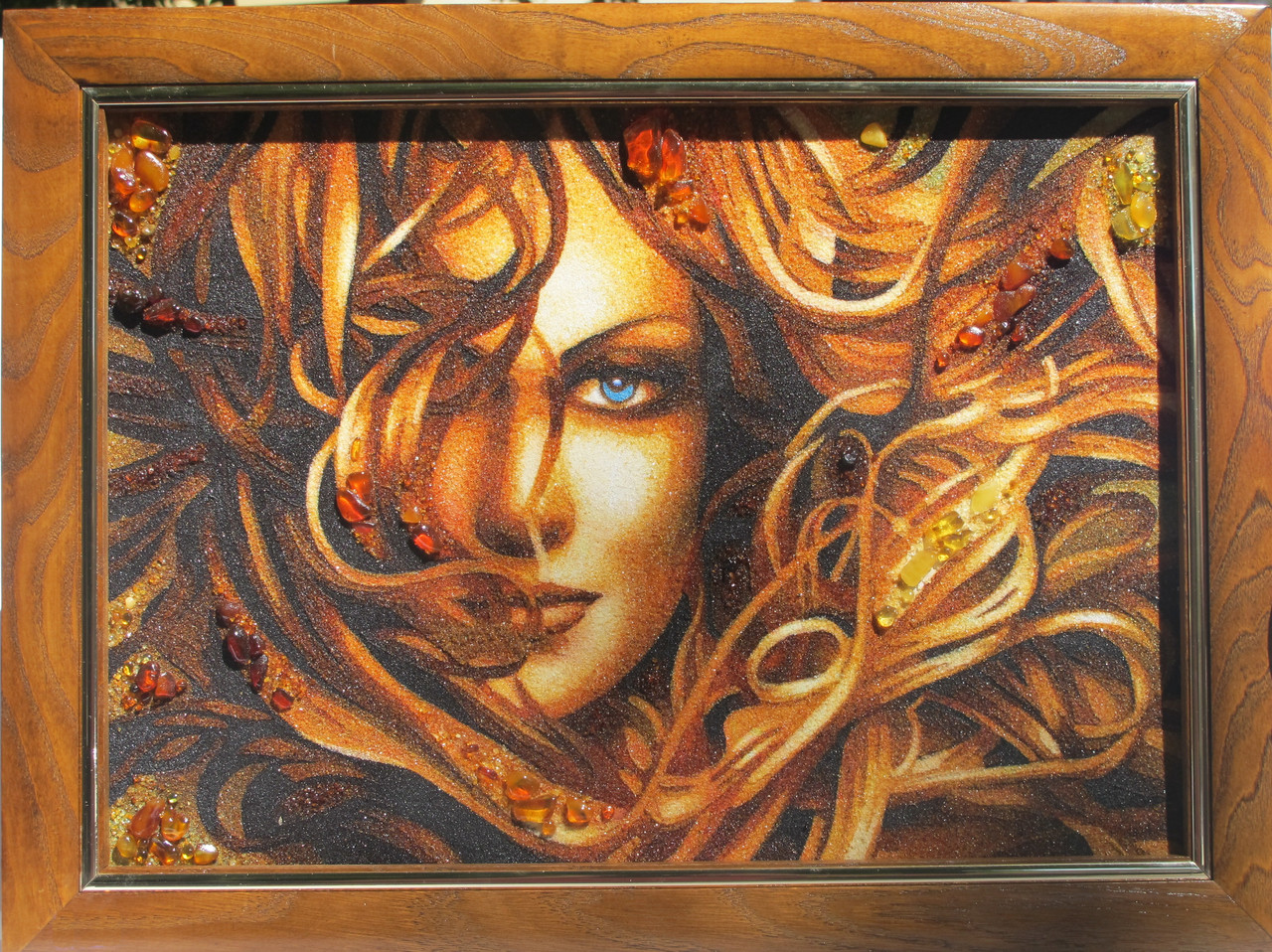 Картина з бурштинової крихітки "Блакитний бік" красуня (дівчина) 30х40см, фото 1