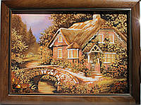 Картина з бурштину "Домік із кам'яним мостом" (пейс) 30х40 см