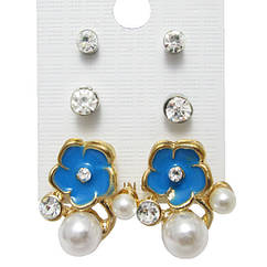 Набір Сережки Сині Квіти з Перлами, Пуссети Стрази 2 пари, Метал, Емаль, Набори Сережки Жіночі