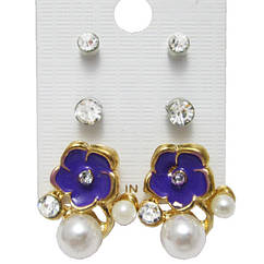 Набір Сережки Фіолетові Квіти з Перлами, Пуссети Стрази 2 пари, Метал, Емаль, Біжутерія Сережки