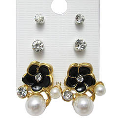 Набір Сережки Чорні Квіти і Перли і Пуссети Стрази 2 пари, Метал, Емаль, Набір Сережки Біжутерія