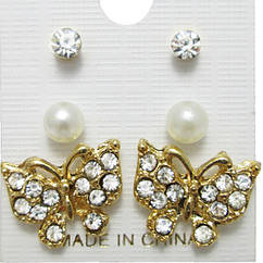 Набір Сережки Метелики зі Стразами і Пуссети Перли, Стрази 2 пари, Сережки Наборами, Біжутерія