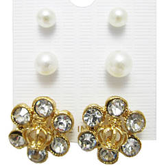 Набір Сережки Жіночі Квіти під Золото зі Стразами і Пуссети Перлини 2 пари, Набір Сережок Біжутерія