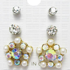 Набір Сережки Квіти П'ятикутні з Перлами та Стразами, Пуссети Стрази 2 пари, Набір Сережки Жіночі, Біжутерія