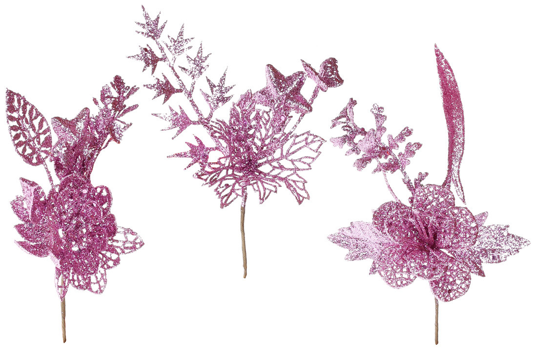 Декоративний букетик, 20см, колір - рожевий гліттер, 3 дизайни - 12 шт УПАКОВКА ТОВАР ВІД ВИРОБНИКА