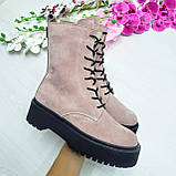Жіночі зимові високі черевики на шнурівці пудра замша WooDstock, фото 4