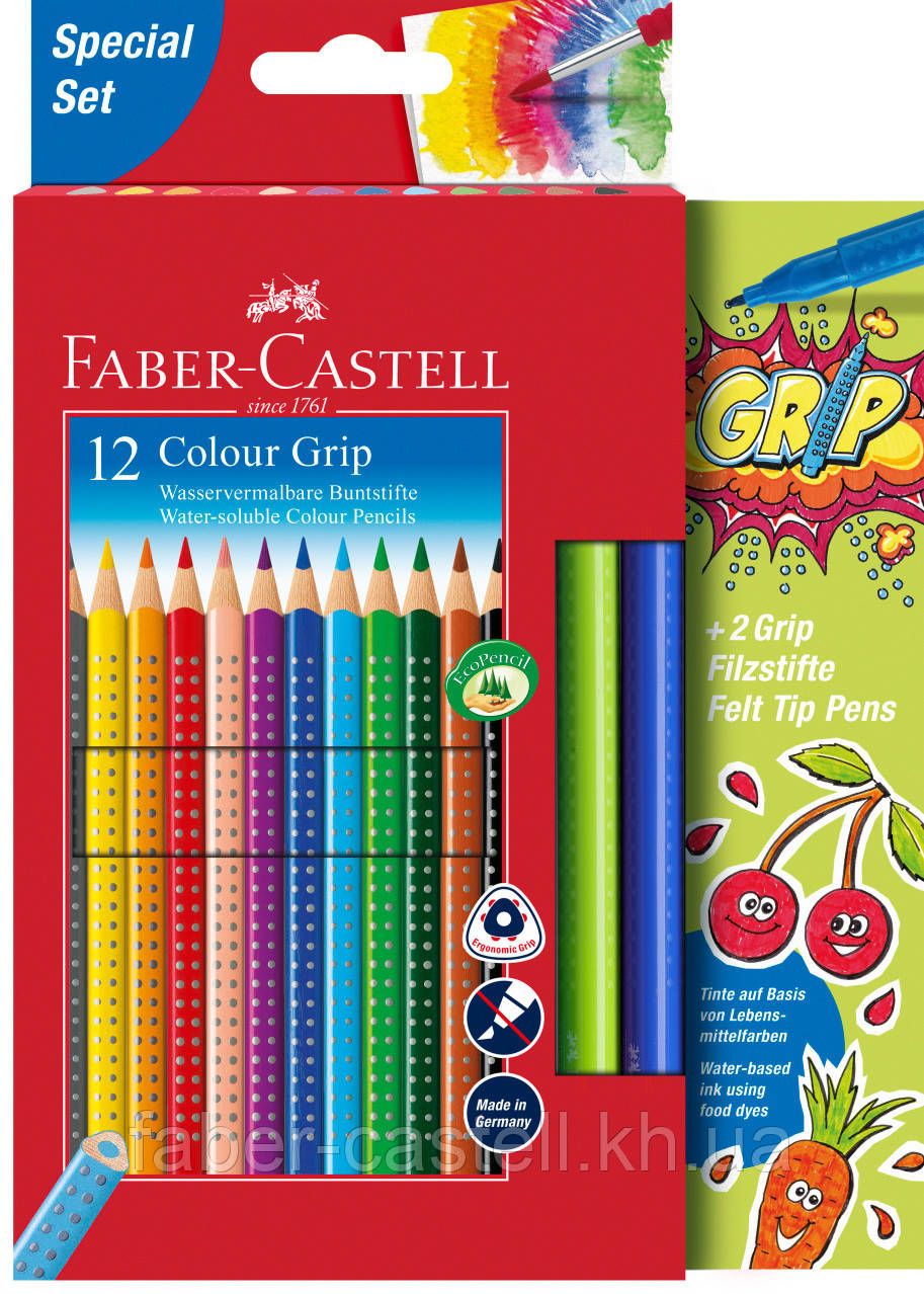 Акварельні кольорові олівці Faber-Castell Grip 12 кольорів + 2 фломастера, 201640