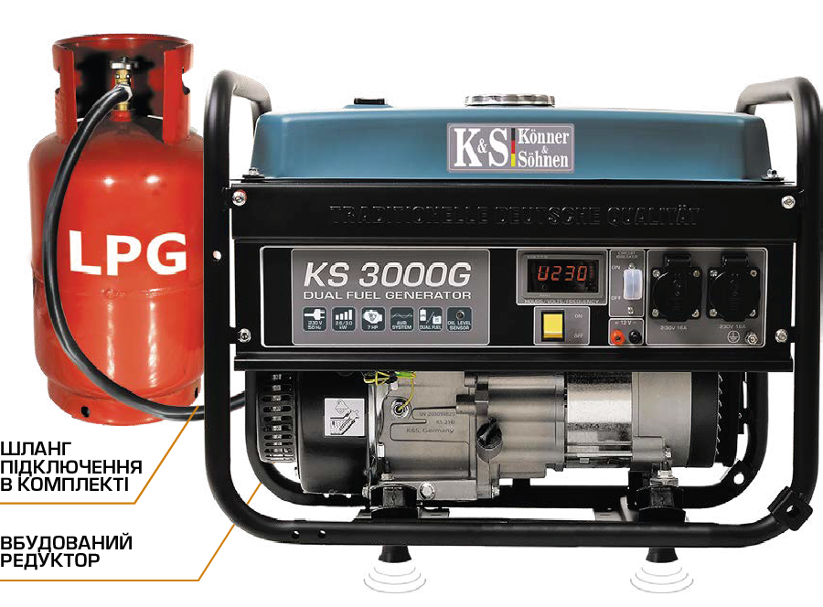 Генератор Konner&Sohnen KS 3000 ЕG (2,6-3,0 кВт), газ/бензин мідна обмотка, Гарантія 24 міс