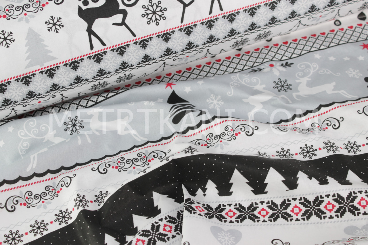 Новорічна тканина "Різдські гірлянди та олені на смугах" No 517