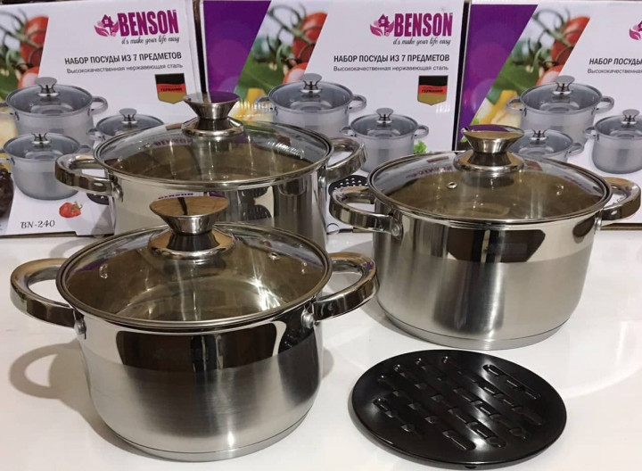 Набір посуду Benson BN-240 з нержавіючої сталі, 7 предметів (3 л; 4 л; 5,1 л) і підставка
