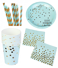 Набор бумажной посуды - тарелочки большие, стаканчики,салфетки и трубочки "Blue confetti" (40 шт.)