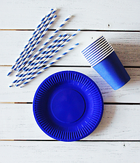 Набор посуды - тарелочки, стаканчики и трубочки "Синий микс" (30 шт.)