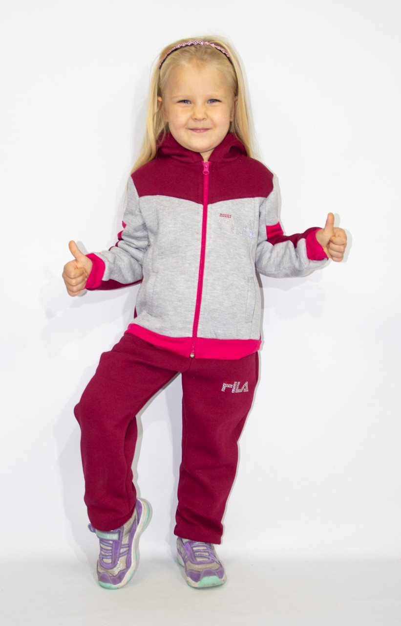 Костюм для дівчинки теплий спортивний з капюшоном малиново-сірий вік 2-6 років