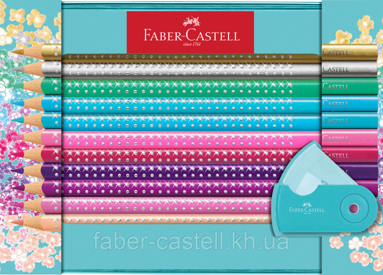 Кольорові олівці Faber-Castell Grip Sparkle 20 кольорів у металевій коробці + підстругачка, 201641