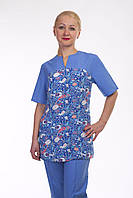 Медицинский женский хирургический костюм из батиста синего цвета с ярким декором 42-60