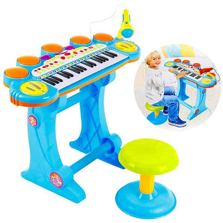Дитячий синтезатор, піаніно зі стільчиком + мікрофон + USB + MP3 + караоке Kinderplay, фото 1