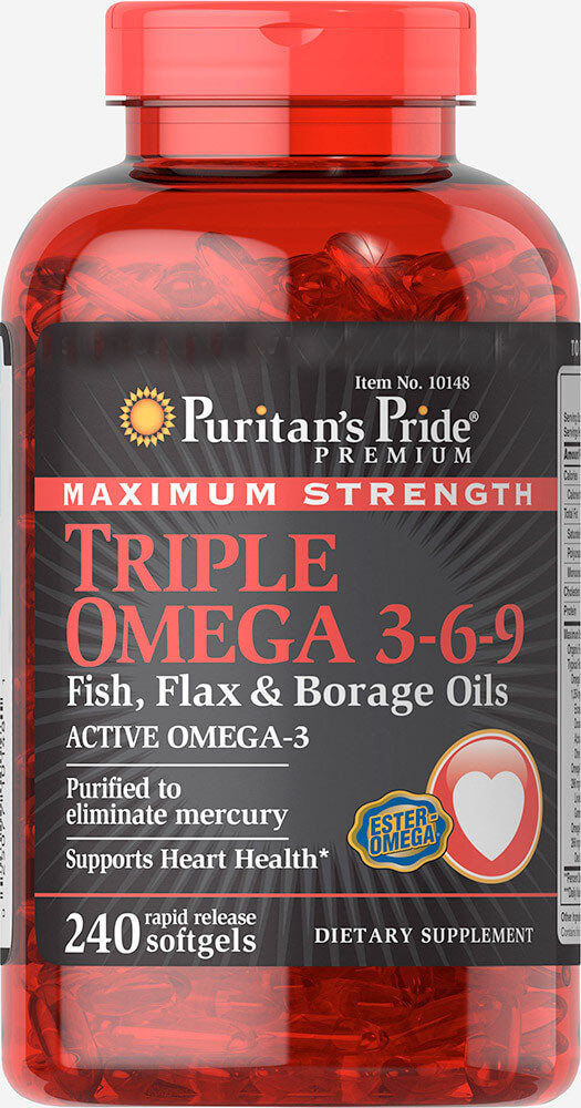 Витамины Puritan's Pride Maximum Strength Triple Omega 3-6-9 Fish, Flax & Borage Oils 240 капсул (4384301628)