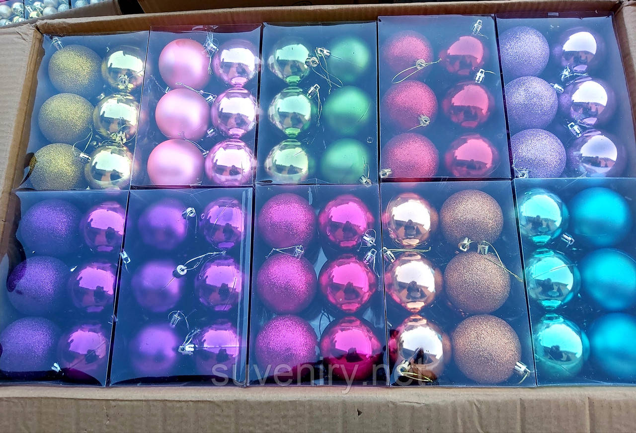 Новорічні іграшки кулі на ялинку 7см 3в1 різні кольори