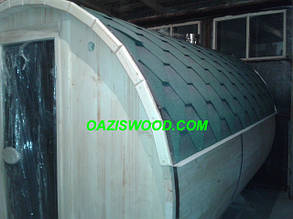 Лазня бочка з зовнішньої топкою печі і передбанником безцветная обробка з зеленим дахом