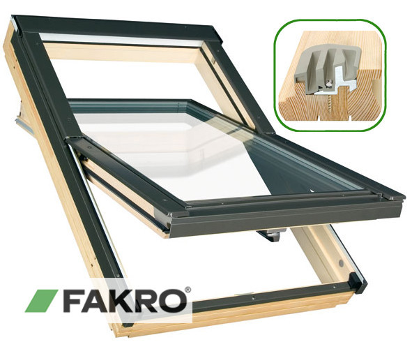 Мансардное окно деревянное Факро FTS U2 для уклона кровли 15-90°, с Энергосберегающим стеклопакетом Мансардное, 66 х 98 см - фото 1 - id-p570603053