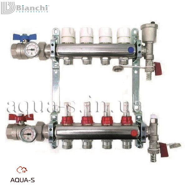 Колекторний блок Bianchi DN 1" (5x3/4"EK) для теплої підлоги з кранами (AISI 304L) A345