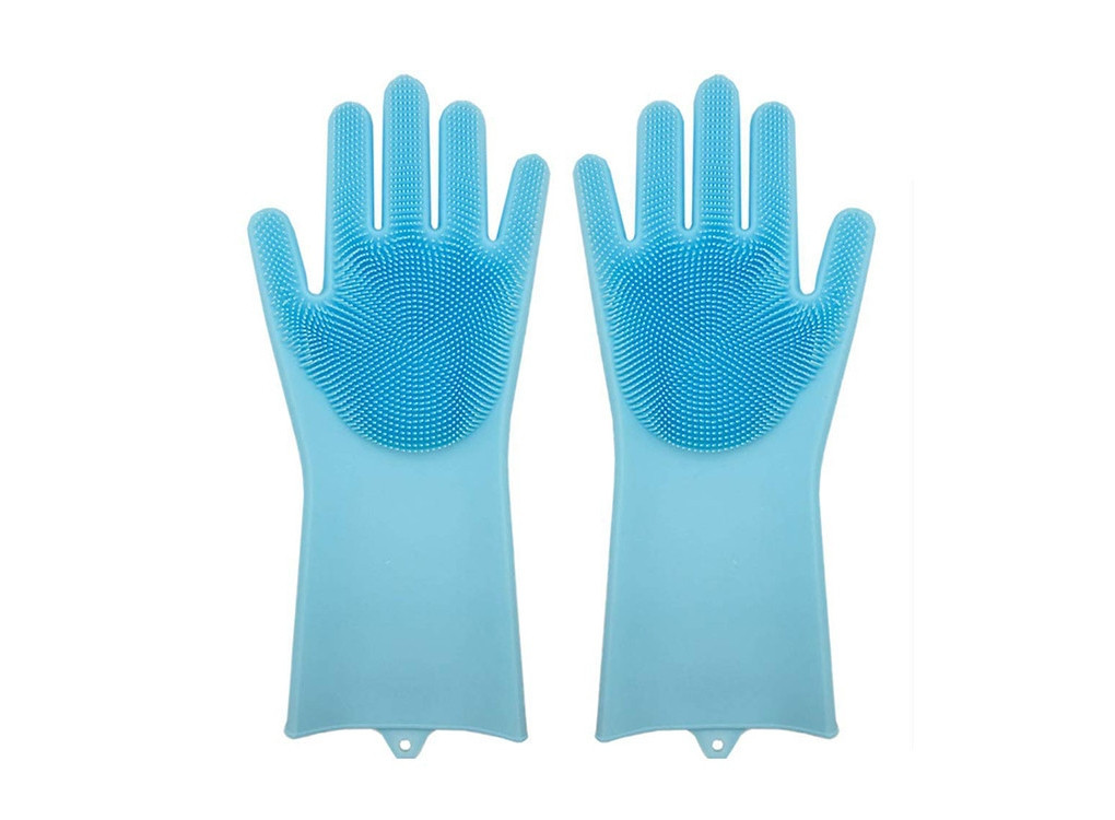 Силіконові рукавички для миття та чищення Silicone Magic Gloves з ворсом Блакитні, фото 1