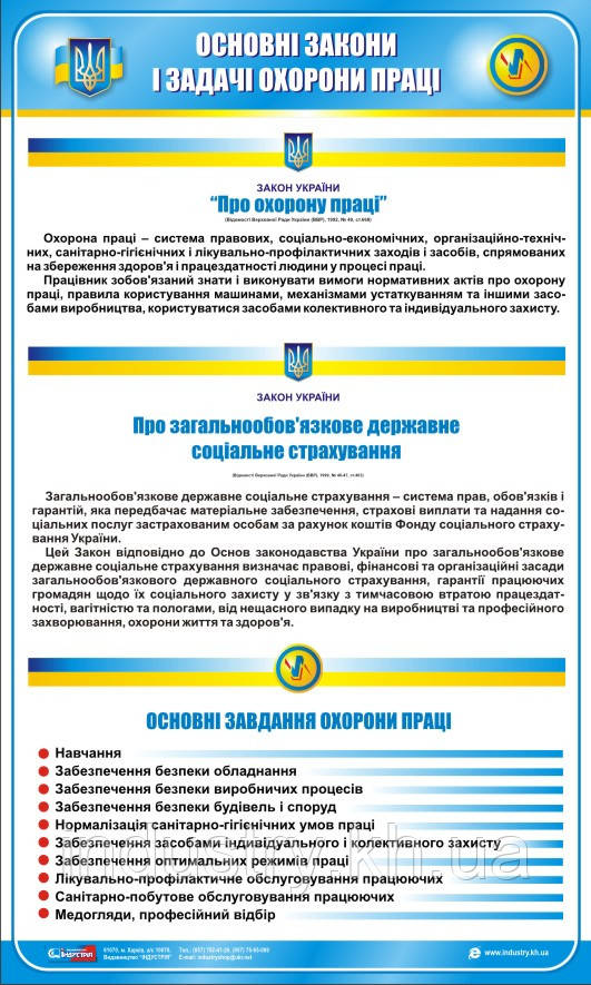 Стенд. Основні закони і задачі охорони праці. 0,6х1,0. Пластик