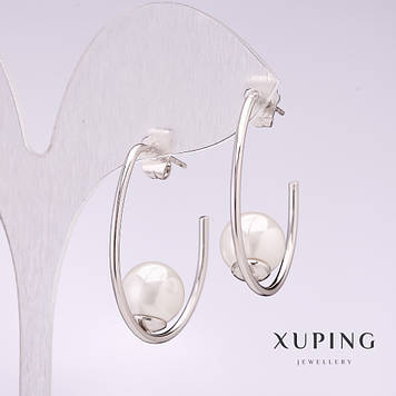 Сережки Xuping скоба з білою намистиною Майорка 33х10мм родій