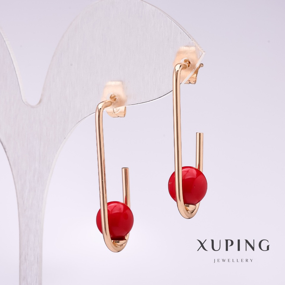 Сережки Xuping з червоною намистиною Майорка 34х8мм позолота