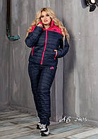 Дутый женский лыжный костюм на стеганом синтепоне и овчине батальных размеров синий+розовый 48,50, 52, 54