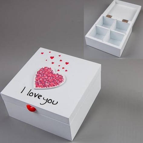 Скринька дерев'яна "I love you", біла, 14х14х7 см, EL-002, фото 1
