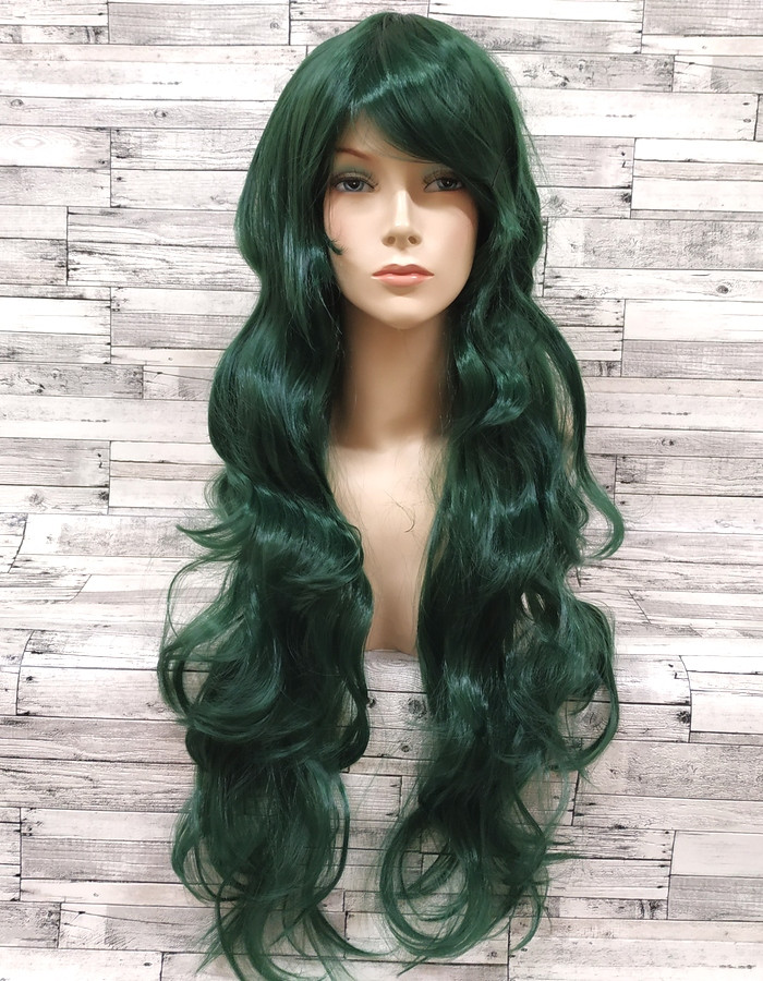 Перука зелена довга хвиляста з довгим чубчиком жіноча для жінок 80см зі штучного волосся