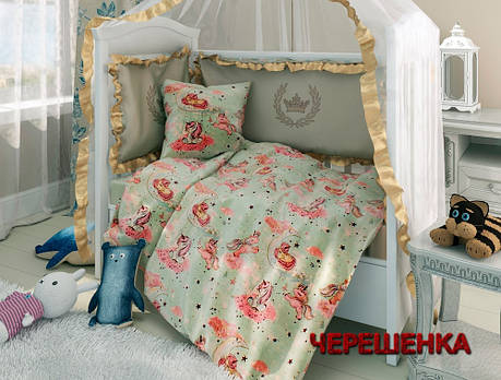 Тканина для постільної білизни Бязь "Gold" Lux дитяча GLB057 (50м) зелена з єдинорогами, фото 1