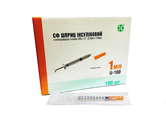 SF Medical 1 мл U-100 (упаковка 100 шт) Інсуліновий шприц з інтегрованою голкою 30Gх1/2 (0.3*13 мм), фото 3