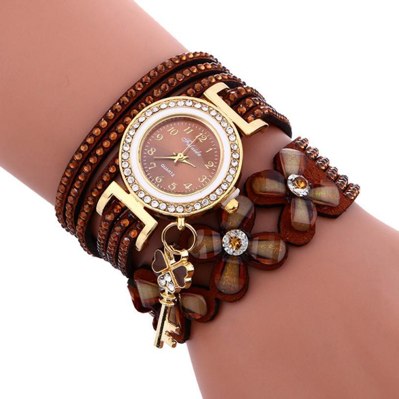 Женские часы браслет со стразами и коричневым браслетом