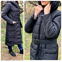 Зимняя приталенная куртка пуховик с поясом, артикул 032, цвет чёрный