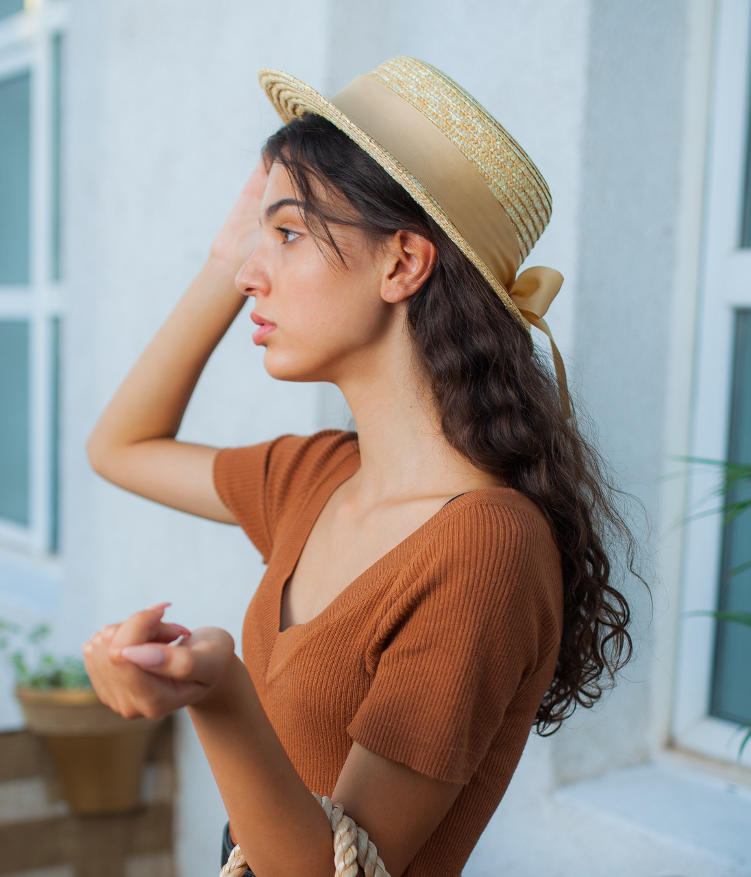 Канотье шляпка женская соломенная летняя с бежевым бантиком D.Hats бежевая - фото 1 - id-p541261945