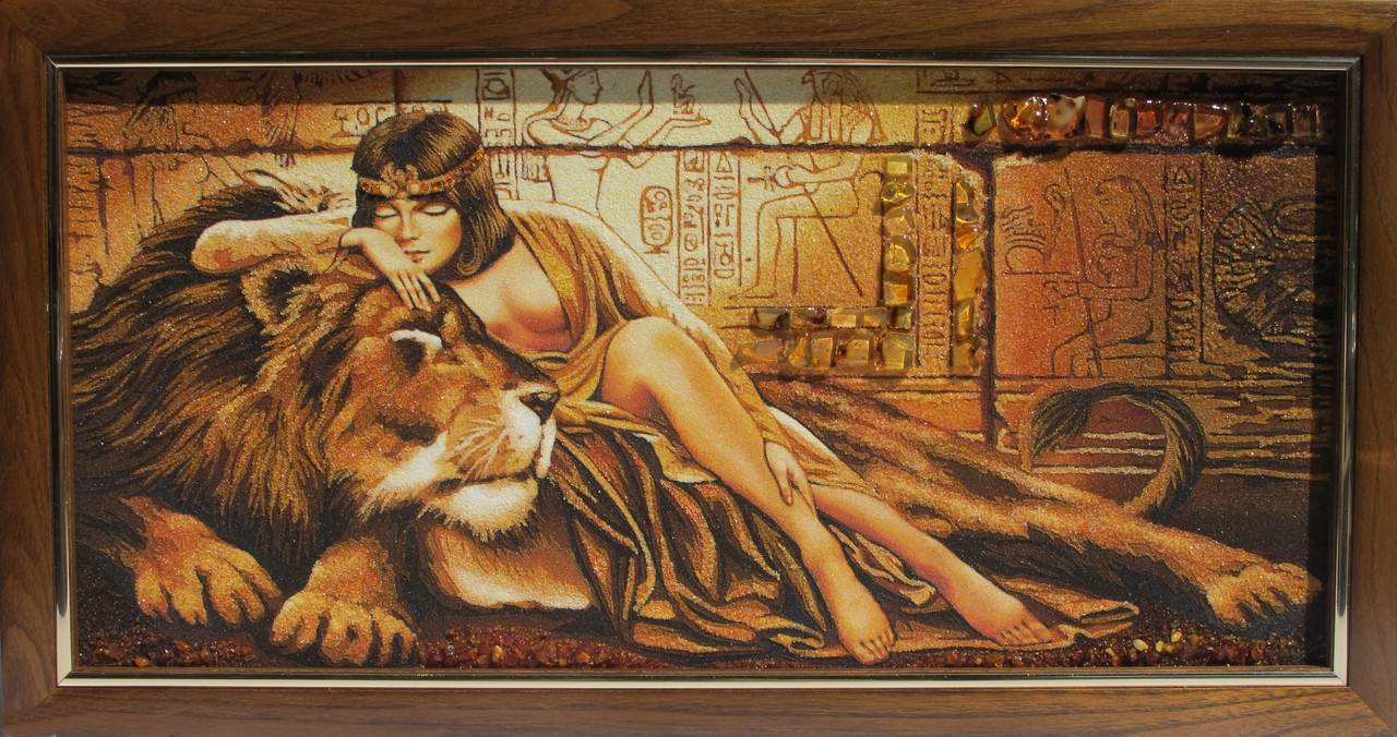 Картина з бурштинової крихти "Клеопатра та Лев" (цекриця) 30х60 см, фото 1