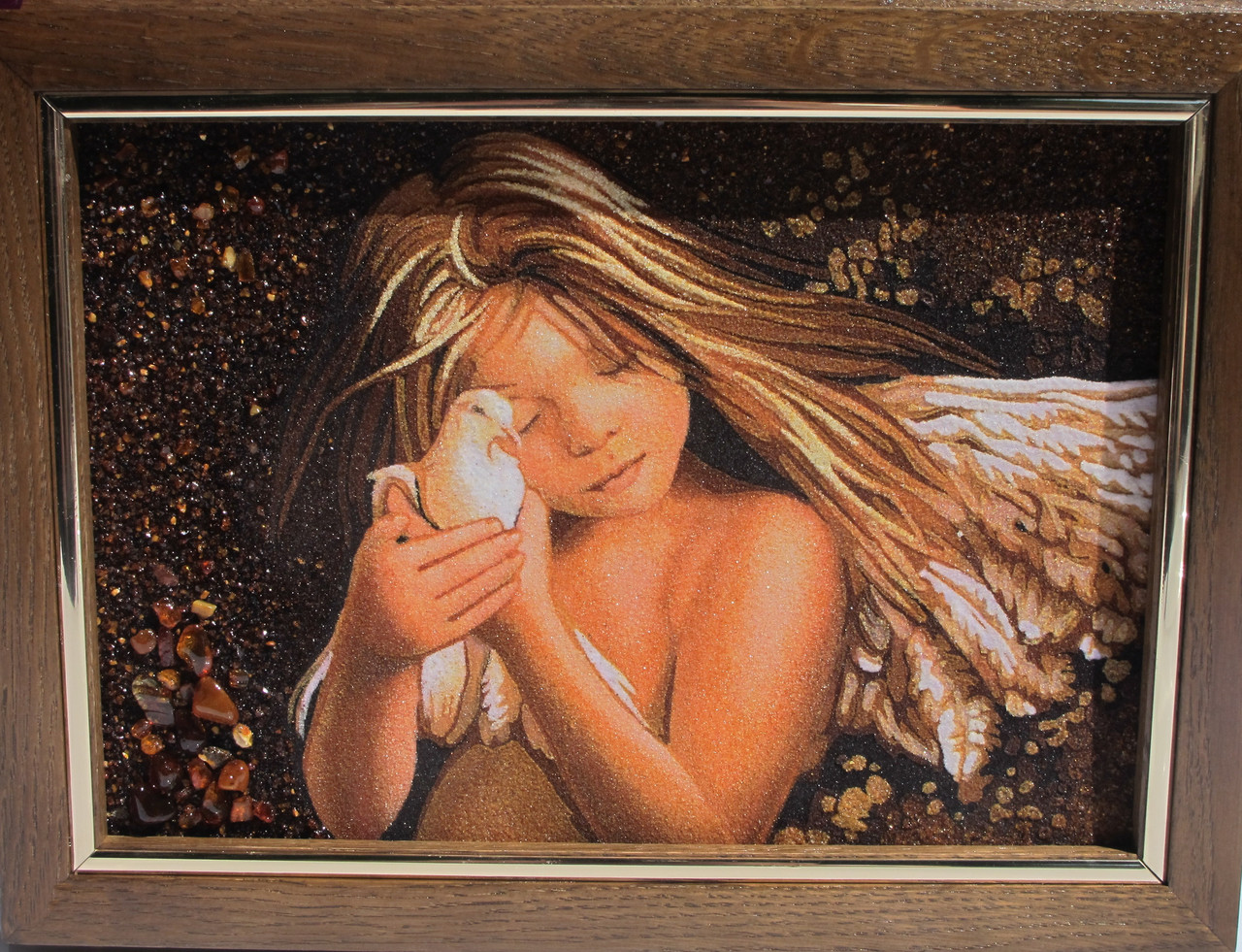 Картина з бурштинової крихти "Дівчинка ангел із блакитним" 20х30 см, фото 1