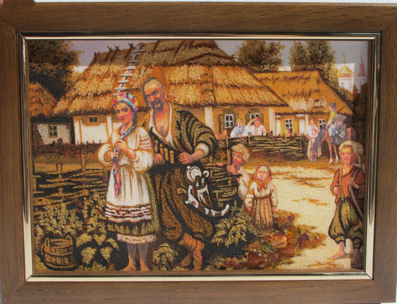 Картина из янтарной крошки "Дівчина і козак" 20х30 см, фото 1